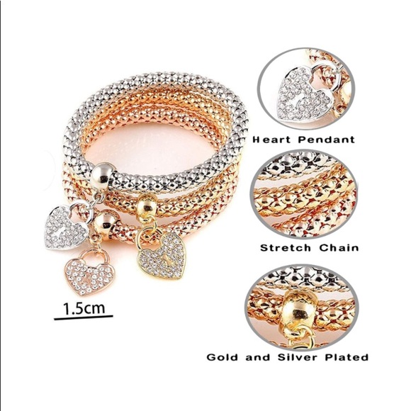 3pc Heart Charm Bracelets Set - Picture 2 of 3